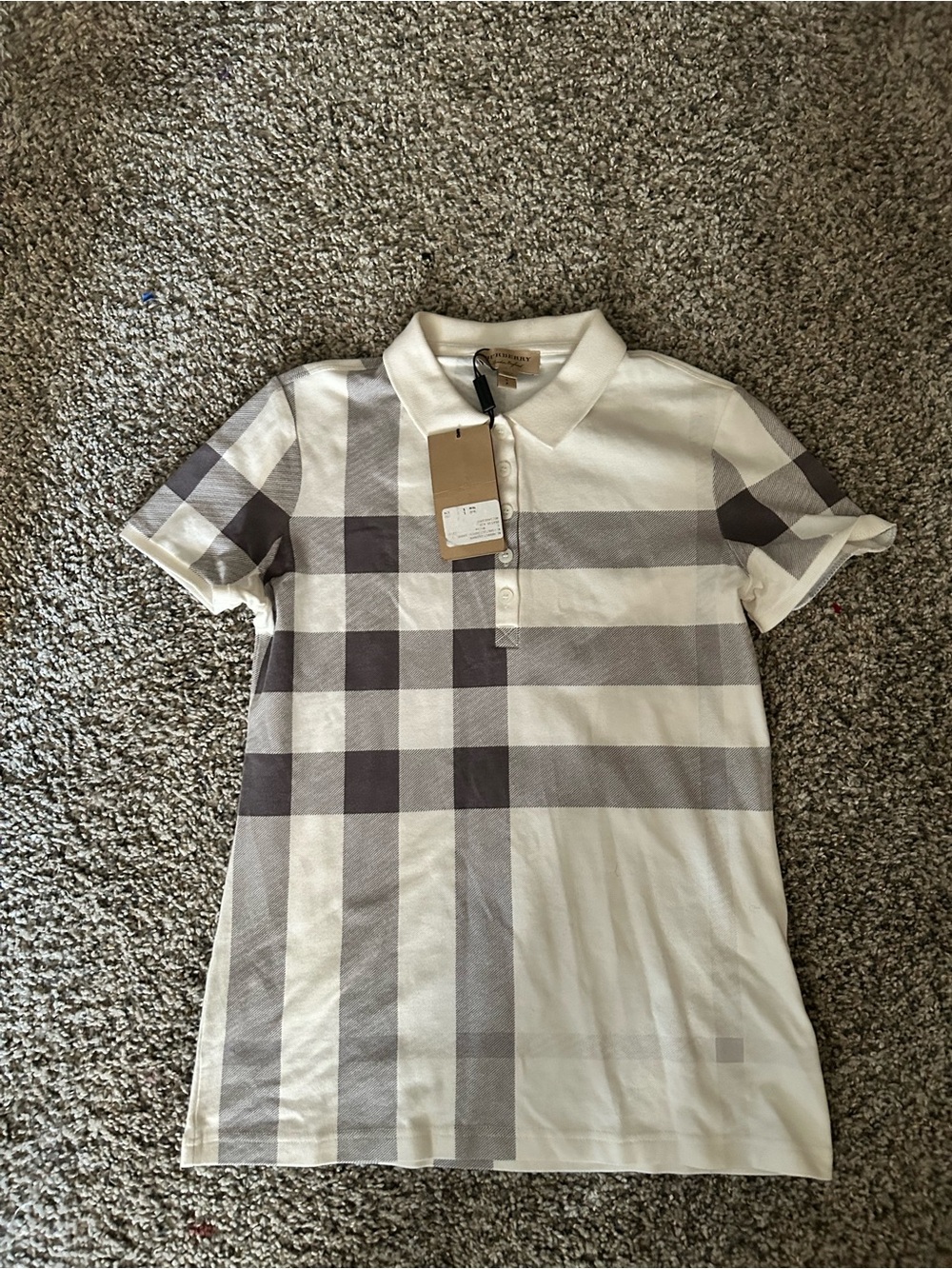 Burberry Ivory and Gray Plaid Polo Shirt